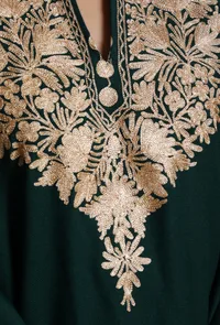 Timber Green Aari Embroidered Kashmiri Phiran-Free Size image 5
