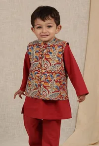 Ayan Maroon Red Kalamkari Printed Cotton Nehru Jacket image 2