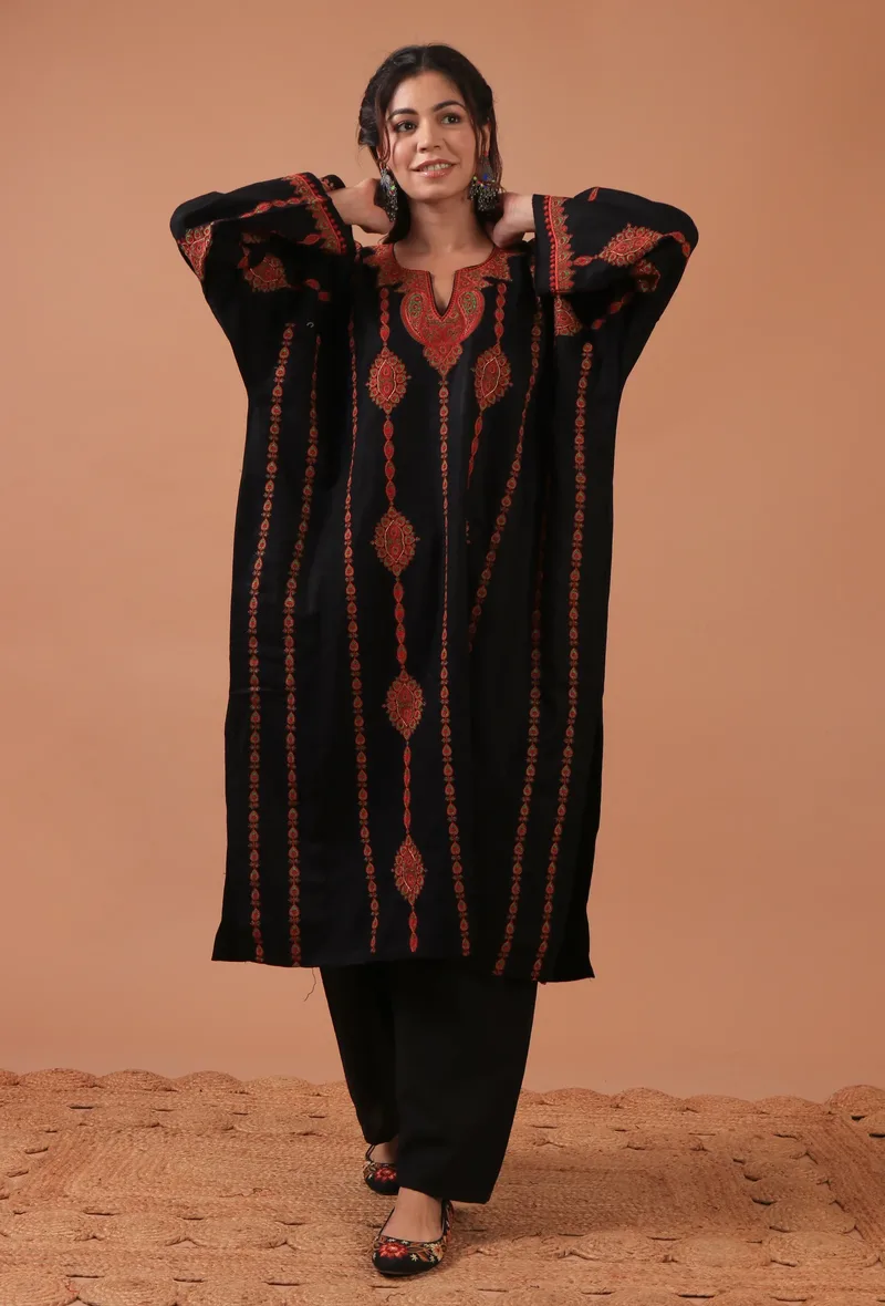 Black Woolen Sozni Embroidered Phiran- Free Size