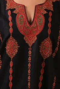 Black Woolen Sozni Embroidered Phiran- Free Size image 6