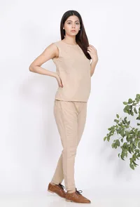 Set of 2 : Beige Cotton Slub Top and Pants image 3