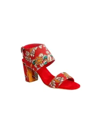 Red Cotton Kalamkari Strappy Block Heels image 1