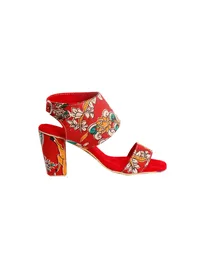 Red Cotton Kalamkari Strappy Block Heels image 2