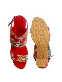 Red Cotton Kalamkari Strappy Block Heels image 3