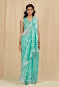 Set Of 2: Turquoise Blue Kota Doria Cotton Saree With 

Stitched Blouse image 1