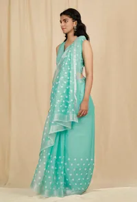 Set Of 2: Turquoise Blue Kota Doria Cotton Saree With 

Stitched Blouse image 2