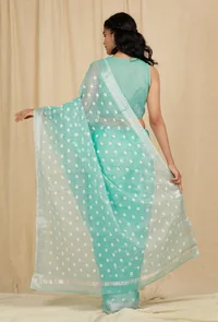 Set Of 2: Turquoise Blue Kota Doria Cotton Saree With 

Stitched Blouse image 3