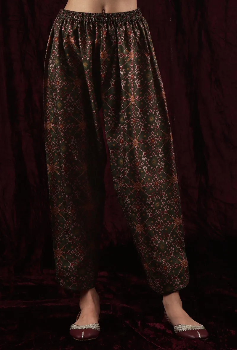 Olive Green Viscose Tussar Silk Patola Print Dhoti Pant