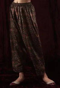 Olive Green Viscose Tussar Silk Patola Print Dhoti Pant image 3