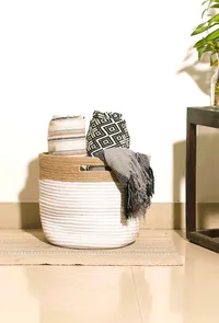 White and Beige Cotton Jute Basket image 1