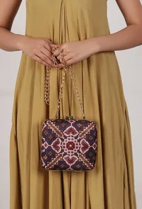 Noori Purple & Multi Patola Print Square Box Clutch image 1