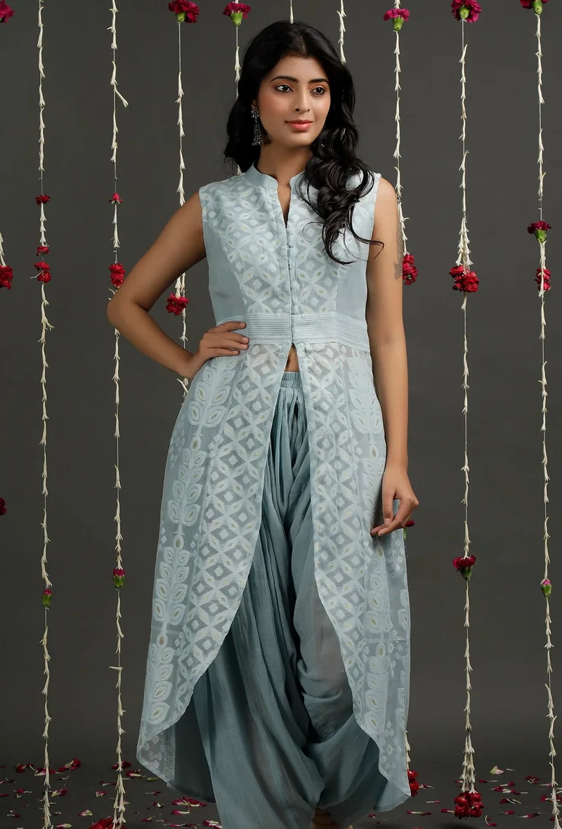 Powder Blue Floral Jamdani Front Open Asymmetrical Kurta