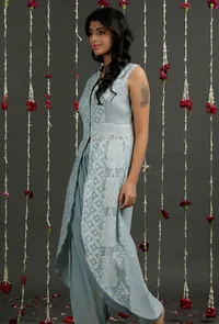 Powder Blue Floral Jamdani Front Open Asymmetrical Kurta image 2