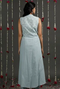 Powder Blue Floral Jamdani Front Open Asymmetrical Kurta image 3