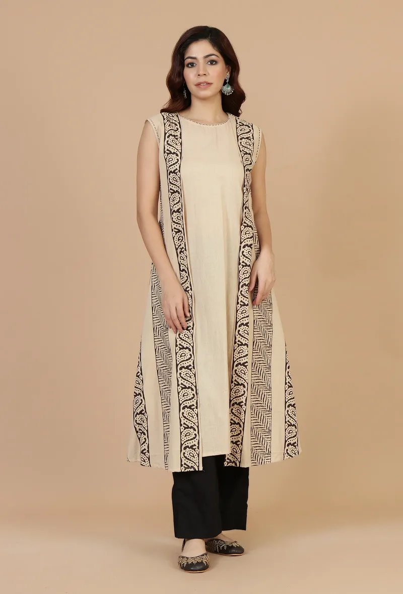 Beige Ivory Baagh Print Cotton Overlay