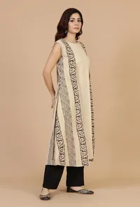 Beige Ivory Baagh Print Cotton Overlay image 2