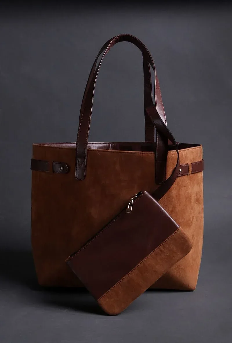 Brown Suede Tote Bag (9.5"x14.7"x6.5")
