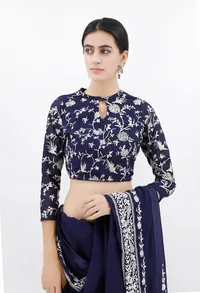 Navy Blue Parsi Embroidered Blouse With Full Embroidered Sleeves image 1