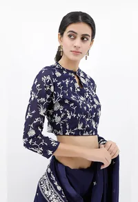 Navy Blue Parsi Embroidered Blouse With Full Embroidered Sleeves image 2