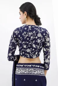 Navy Blue Parsi Embroidered Blouse With Full Embroidered Sleeves image 3