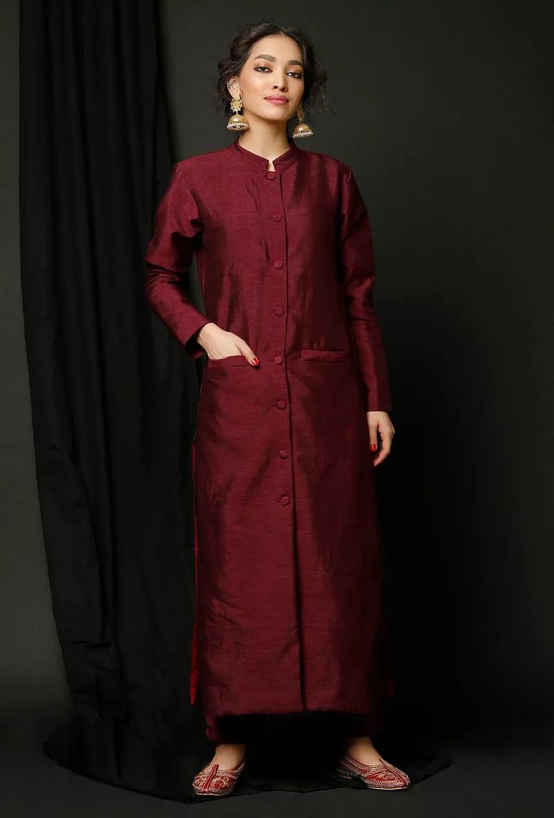 Wine Raw Silk Achkan
