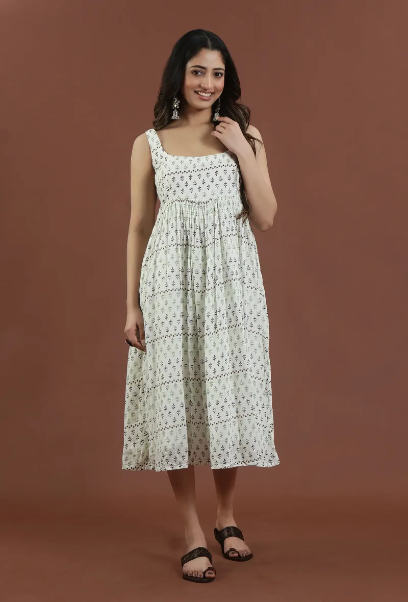 Handblock Print Cotton Sleeveless Midi Dress