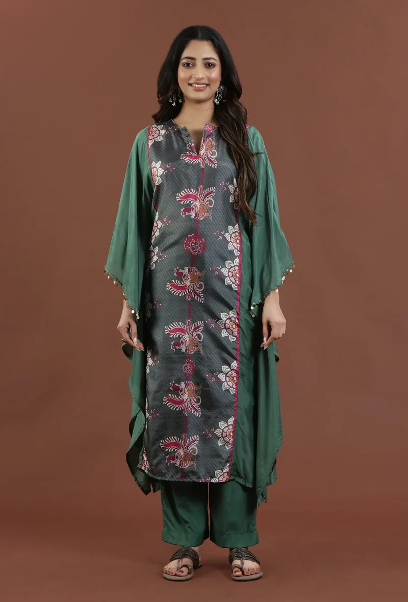 Emerald Green Kalamkari Printed Muslin Silk Kaftan