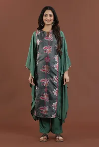 Emerald Green Kalamkari Printed Muslin Silk Kaftan image 1