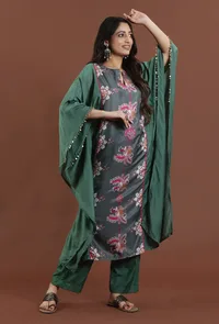 Emerald Green Kalamkari Printed Muslin Silk Kaftan image 2