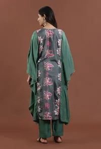 Emerald Green Kalamkari Printed Muslin Silk Kaftan image 4