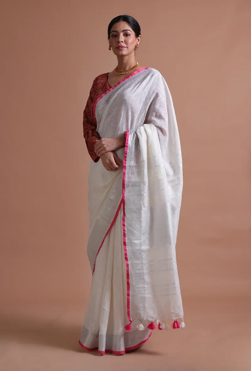 White Pink Color Cotton Linen Saree With Unstitched Blouse