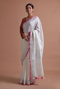 White Pink Color Cotton Linen Saree With Unstitched Blouse image 1
