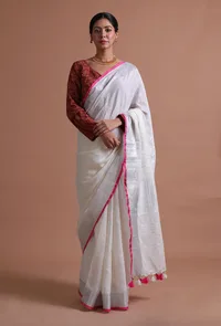 White Pink Color Cotton Linen Saree With Unstitched Blouse image 2