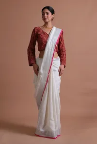 White Pink Color Cotton Linen Saree With Unstitched Blouse image 3