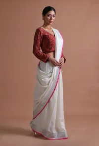 White Pink Color Cotton Linen Saree With Unstitched Blouse image 4