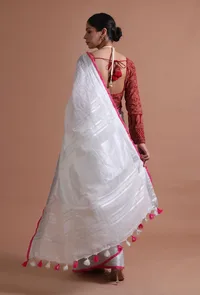 White Pink Color Cotton Linen Saree With Unstitched Blouse image 5