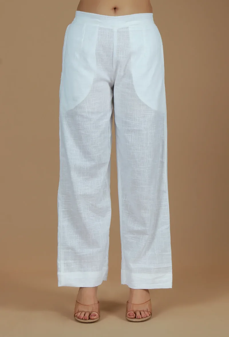 Solid White Cotton Straight Pants