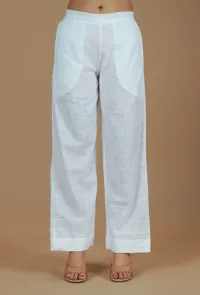 Solid White Cotton Straight Pants image 1