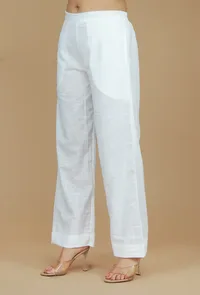 Solid White Cotton Straight Pants image 2