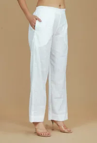 Solid White Cotton Straight Pants image 3