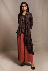 Set of 2: Black Hand Block Printed Asymmetrical Shirt Tunic with Black Ecru Narrow Fit Pants image 1