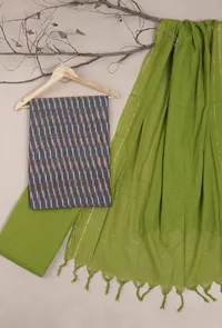 Set of 3: Light Green and Black Ikat Cotton Suit with Bottoms and Dupatta image 1