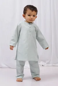 Set Of 2- Green Striped Cotton Kurta And Pajama image 1