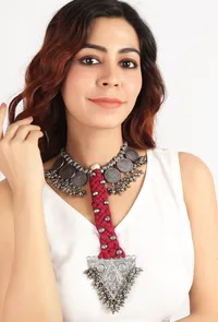 Red & Black Thread & German Silver Tribal Choker With Bold Pendant image 1