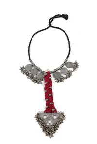 Red & Black Thread & German Silver Tribal Choker With Bold Pendant image 2