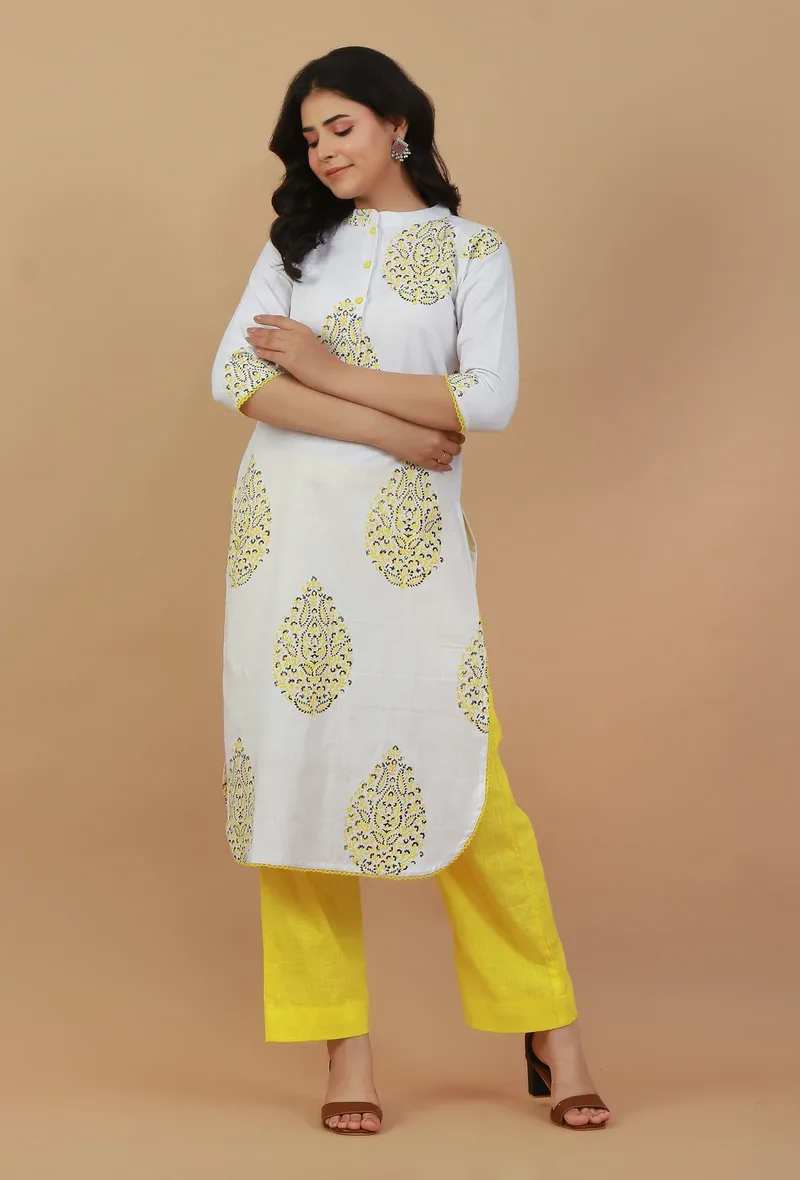Set of 2: White & Yellow Hand Block Printed Kurta with Solid Yellow Pants