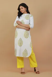 Set of 2: White & Yellow Hand Block Printed Kurta with Solid Yellow Pants image 1