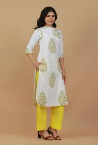 Set of 2: White & Yellow Hand Block Printed Kurta with Solid Yellow Pants image 2