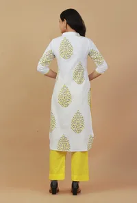 Set of 2: White & Yellow Hand Block Printed Kurta with Solid Yellow Pants image 3