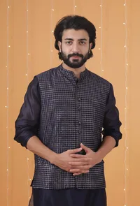 Space Blue Small Checkered Chanderi Nehru Jacket image 1